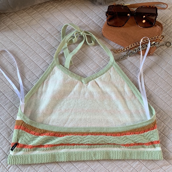 Rvca Y2K Ashley Smith Green and orange striped crochet knit halter crop top L - Picture 3 of 8